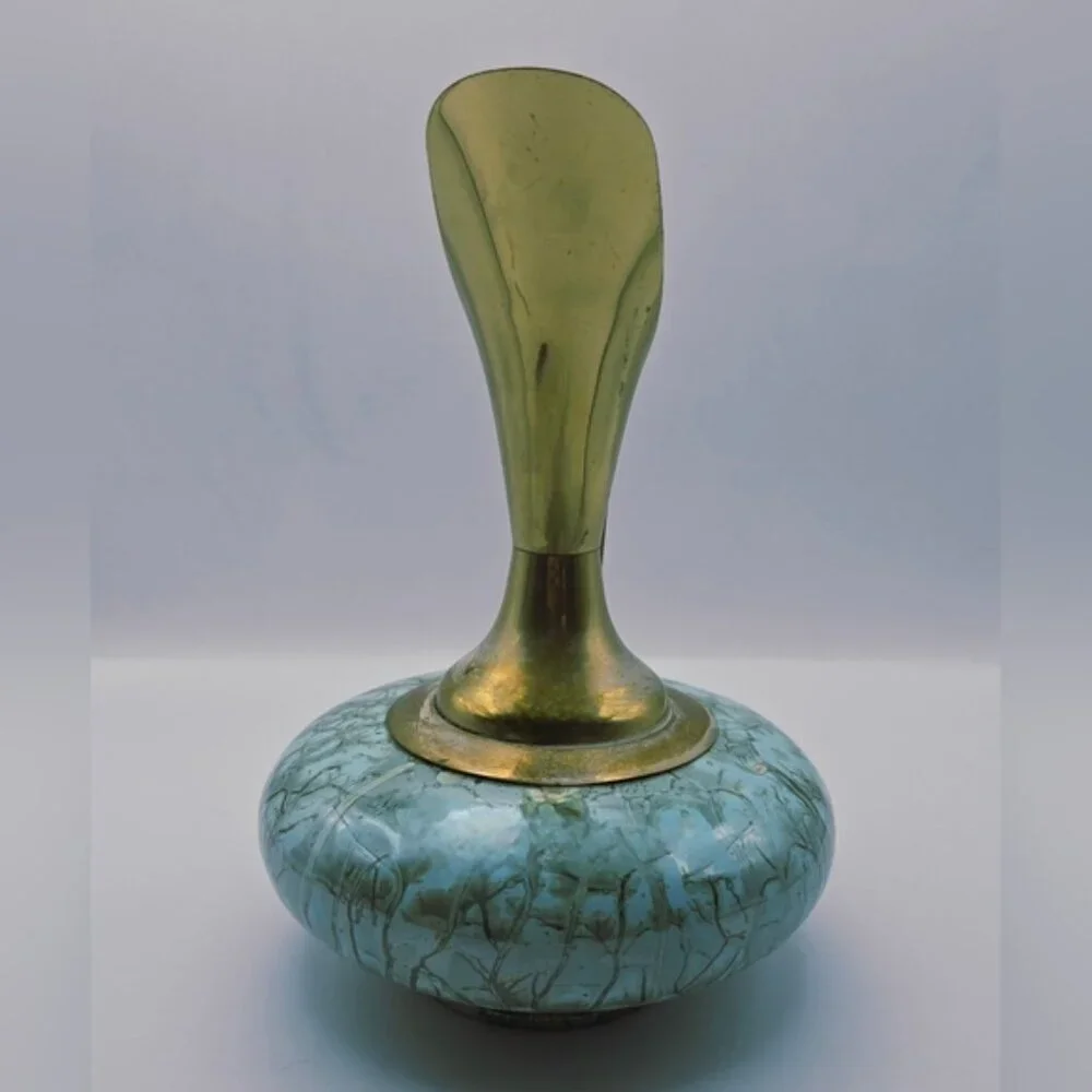 Mid Century Brass & Ceramic Ewer Pitcher Blue Drip Glaze Vase